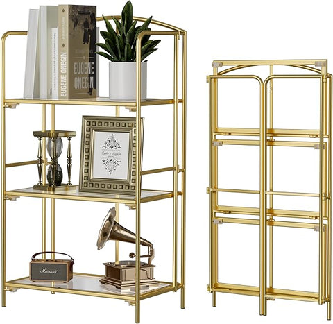 Crofy No Assembly Folding Bookshelf for Living Room, 3 Tier Gold Collapsible Book Shelf for Home Office, Portable Bookcase Storage Organizer
