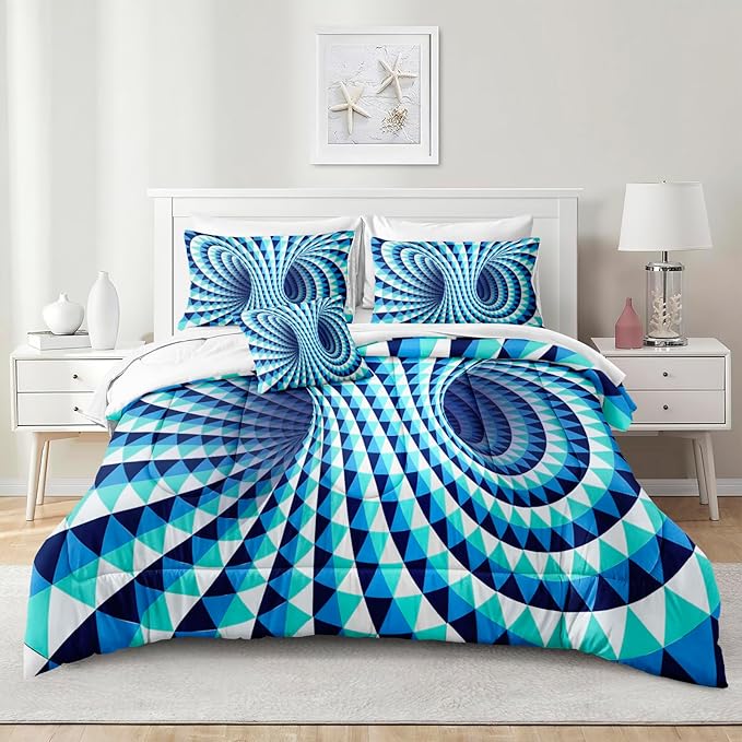 Bedorm Triangle Geometric Comforter Set 3D Abstract Bedding Set with Sheet Set Aqua Blue Triangle Tunnel Aesthetic Comforter Modern Psychedelic Bedding Comforter Set Queen