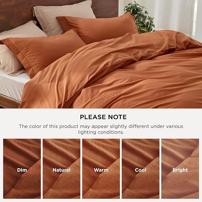 Bedsure 100% Washed Cotton Duvet Cover Queen Size - Burnt Orange Minimalist Duvet Cover Linen Like for All Seasons - GentleSoft™ Plain Simple Bedding, 3 Pieces (Burnt Orange, Queen, 90"x90")