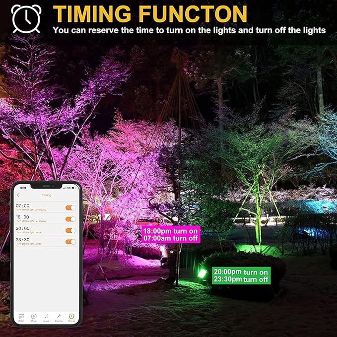 LED Flood Lights RGB Color Changing 300W Equivalent Outdoor, 30W Bluetooth Smart RGB Floodlight APP Control, IP66 Waterproof, Timing, 2700K&16 Million Colors 23 Modes for Garden Stage Lighting
