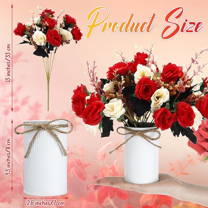 Domensi 3 Sets Wedding Centerpiece for Table Artificial Rose with Vase Fake Bouquets and Metal Pot Floral Arrangements for Holiday Party Event Table Decor (Red)