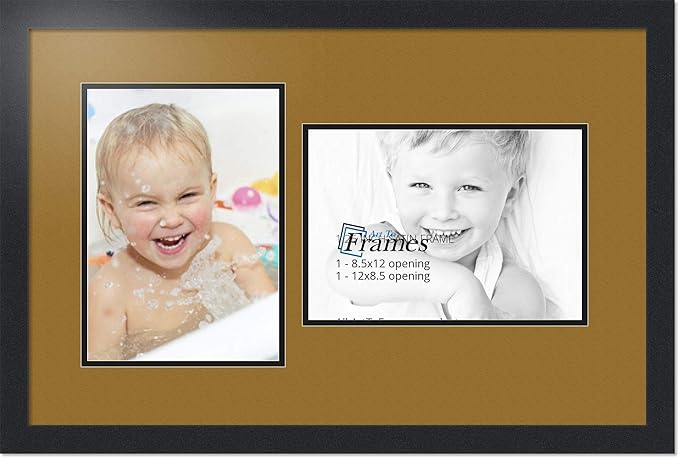 ArtToFrames Collage Photo Frame Double Mat with 2-8.5x12 Openings with Satin Black Frame and El Dorado mat.
