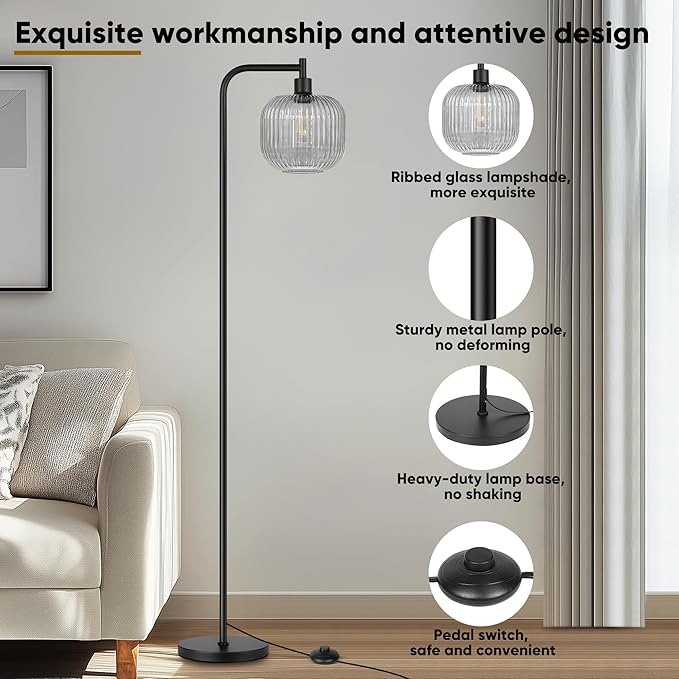 QiMH Glass Floor Lamp for Living Room, Modern Standing Lamp with Ribbed Grey Glass Lampshade Pedal Switch, 67” Tall Lamp for Bedroom Study Room, Black (2700K LED Bulb Included)