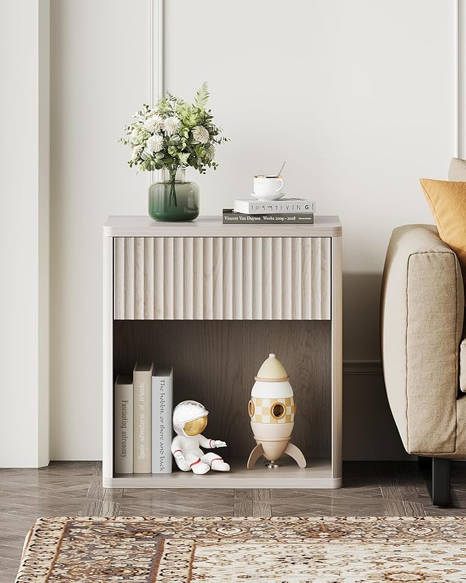 WLIVE Night Stand, Wood Nightstand with Storage Drawer and Open Shelf, Fluted Bedroom Nighstand, Mid Century Bed Side Table, End Tables Living Room, Dorm, Home Office, White Alder