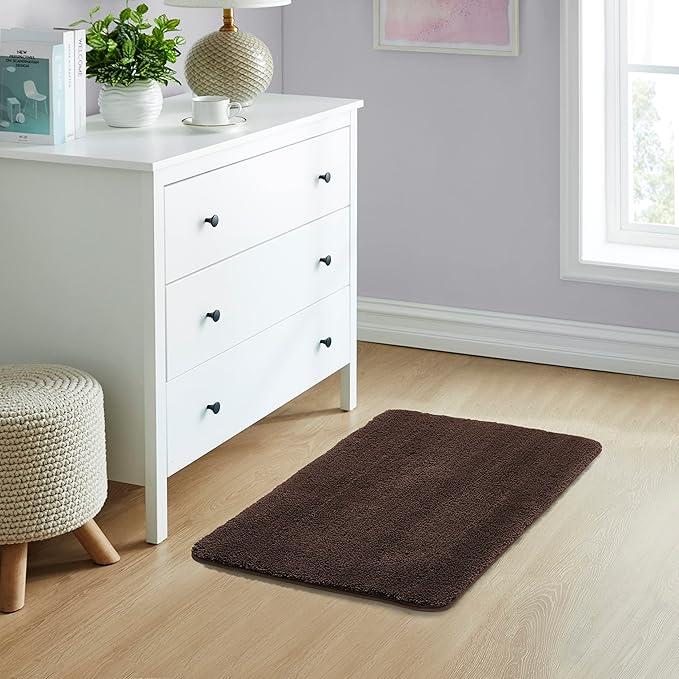 YHF Bathroom Rugs 20" X 32", Extra Thick & Soft Microfiber Shaggy, Machine Washable Bath Mats, Absorbent Bath Rugs, Non-Slip Rubber Backing Bath Mat for Bathroom Floor, Tub and Shower, Brown