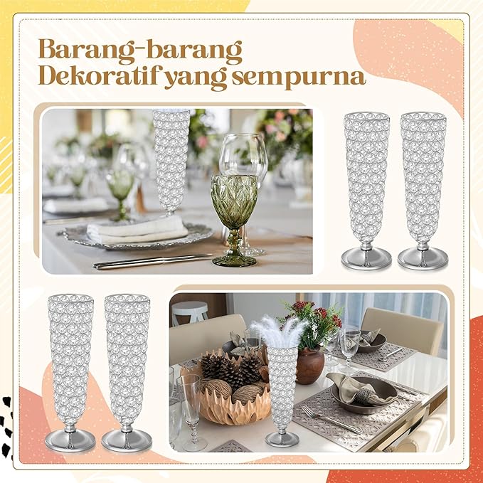Rtteri 4 Pcs 12 Inch Tall Crystal Vase for Centerpieces Wedding Metal Crystal Trumpet Flower Vase Stand for Table Floor Wedding Party Favor Banquet Celebration, Classic Elegance(Silver)