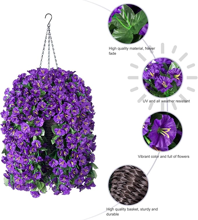 Artificial Faux Hanging Flowers Plants Basket for Spring Summer Outdoor Porch Decor, Fake Silk Purple Morning Glory Long Vine in Planter UV Resistant Realistic for Inside Home Patio Balcony