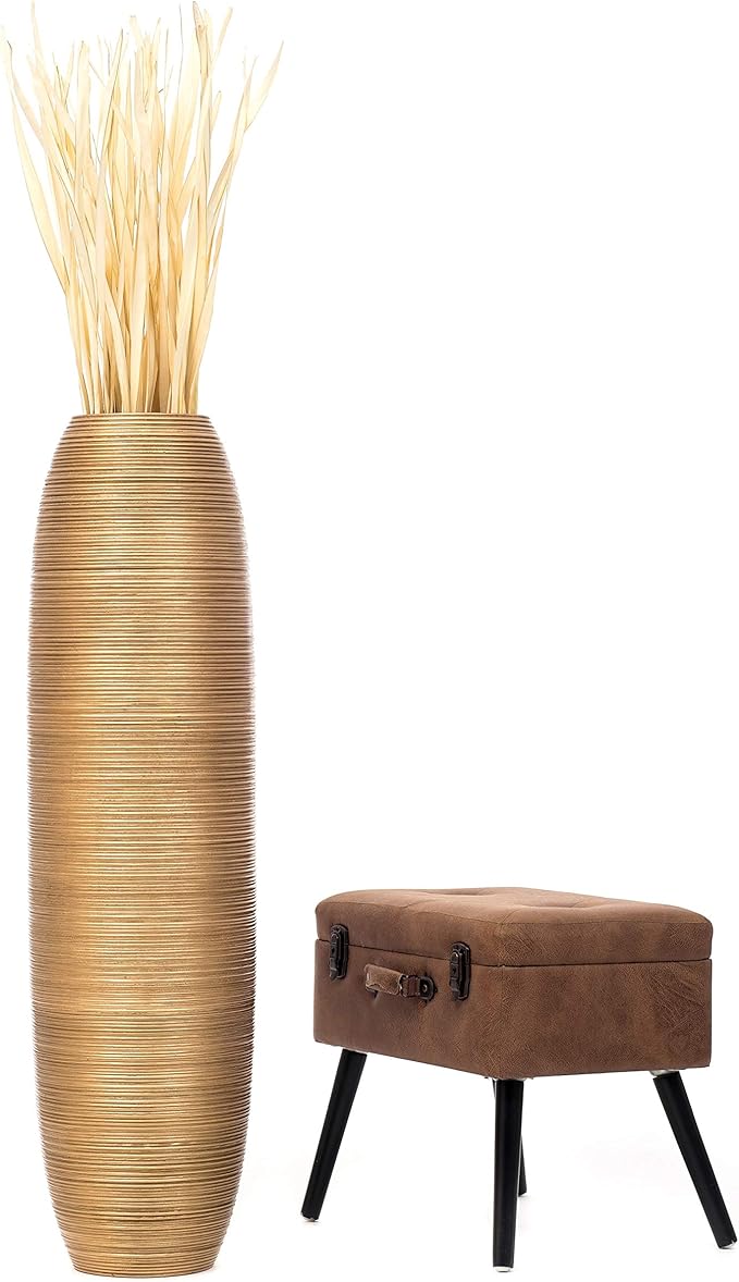 LEEWADEE Large Floor Vase – Handmade Flower Holder Made of Wood, Sophisticated Vessel for Decorative Branches and Dried Flowers, 43 inches, Golden