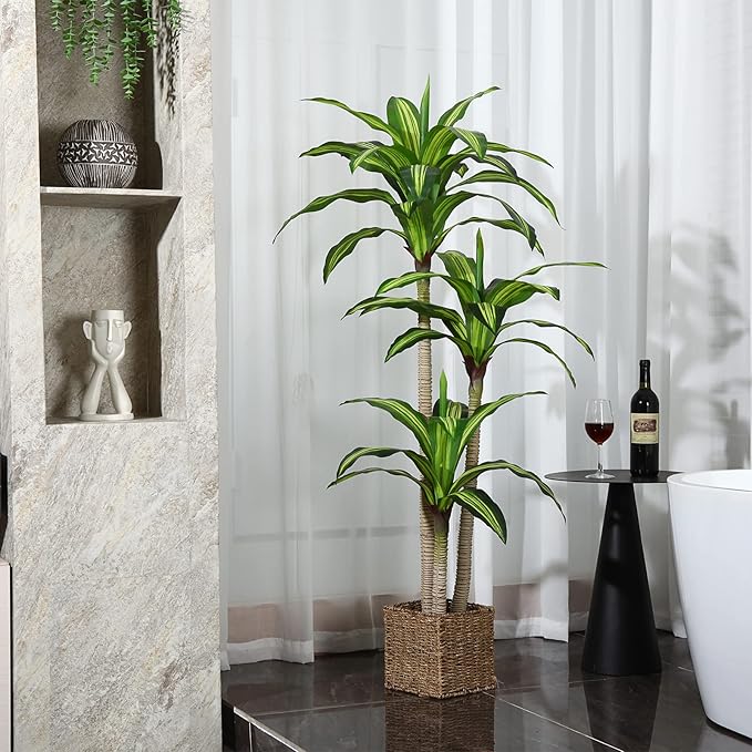 Artificial Plants, 5 Ft Dracaena Tree Faux Plants Indoor Outdoor Decor Fake Tree with Woven Seagrass Basket Plants for Home Decor Office Living Room Porch Patio Housewarming 2 Pack