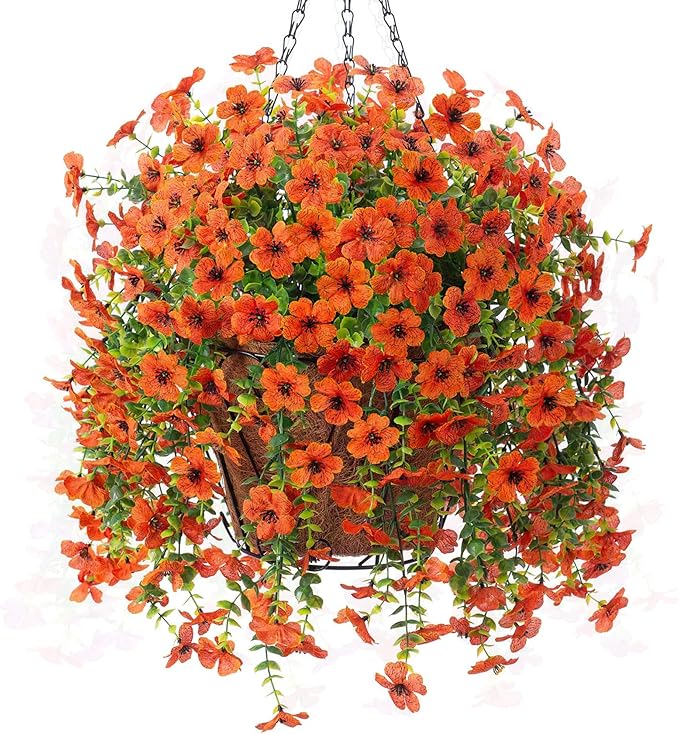 Artificial Fake Fall Hanging Flowers Plants with Basket for Outdoor Decor, Fake Mums Autumn Plants No Fade Plastic Faux Silk Daisy Flowers Fall Decoration for Farmhouse Home Garden Porch Patio(Orange)