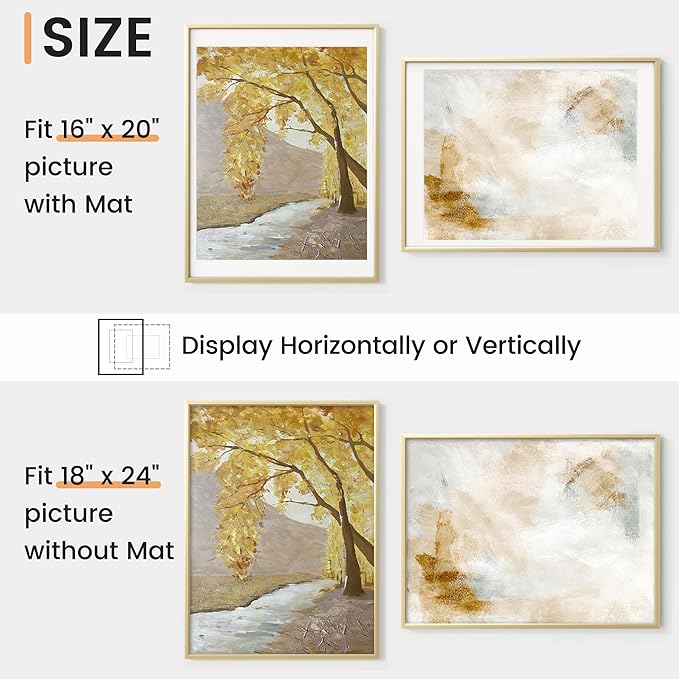 18x24 inch Metal Poster Frame - 18 x 24 Thin Aluminum Picture Frames Matted for 16x20 Photos, Artworks, Prints, Puzzle - High Definition Plexiglass - Vertical and Horizontal Display - Wall Hook Hanging Hardware Included - Gold, Set of 1