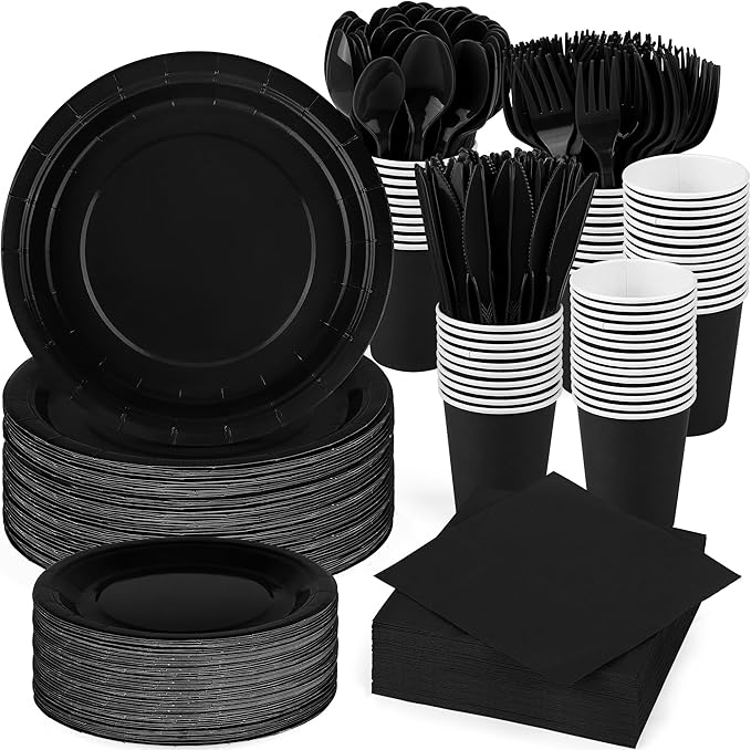 durony 350 Pieces Black Paper Dinnerware Set 7 Inch 9 Inch Disposable Dinner Plates Serve 50 Guests Paper Cup Cutlery Napkins Solid Color Party Supplies for Birthday Wedding Party Family Picnic