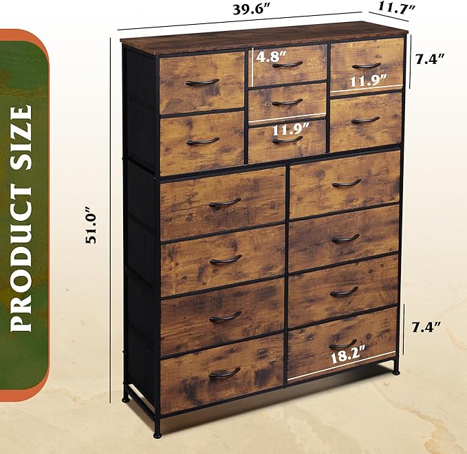 WLIVE Tall Console Table with 15 Fabric Drawers, Entryway Table with Storage, Tall Storage Organizer with Wood Top, Steel Frame for Living Room, Hallway, Office, Rustic Brown
