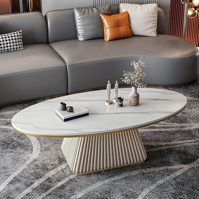 RUNNUP Oval Stone Coffee Table Modern Side End Table for Coffee Dinning Living Room Kitchen, Small Stand Contemporary Design Home Furniture Marble Table for Couch, 51" L x 28" W x 18" H White