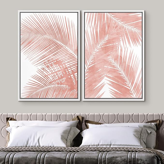 SIGNWIN Framed Canvas Print Wall Art Set Tropical Red Pastel Palm Leaf Plants Nature Wilderness Illustrations Modern Art Decorative Rustic Chic for Living Room, Bedroom, Office - 24"x36"x2 White