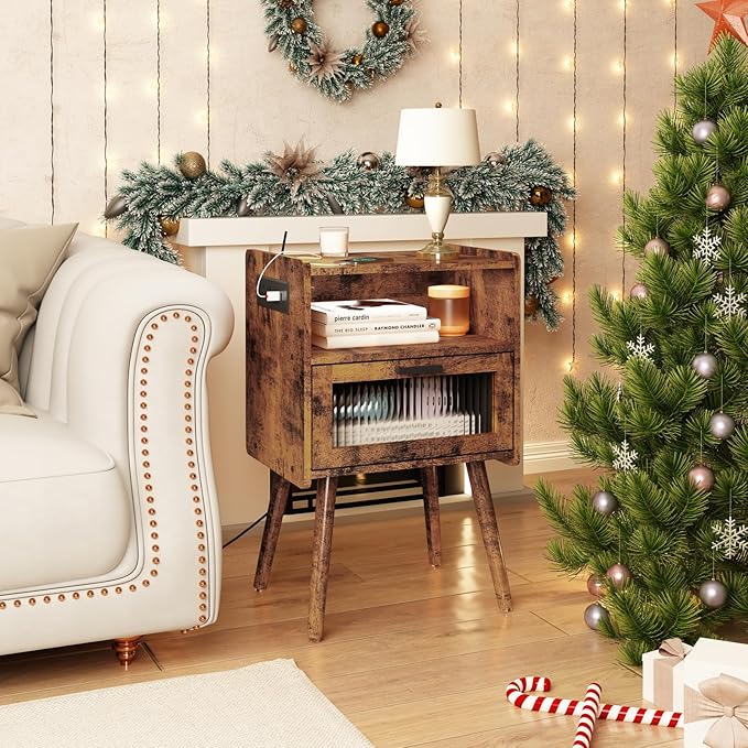 SOOWERY Mid Century Modern Nightstand with Charging Station, Bedside Tables with Acrylic Drawer, End Table Side Table with 2 Tiers Storage Space, for Bedroom, Living Room, Brown