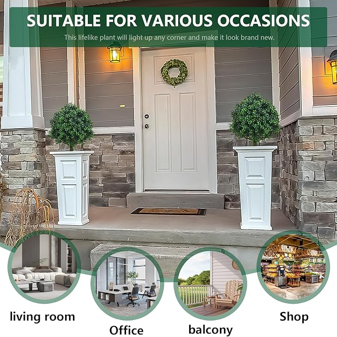 Set of 2 Fake bushes Artificial Shrubs for Outdoors Boxwood Balls Topiary Trees UV Resistant - 23.6'' Faux Plants with Ground Spikes for Spring Front Porch Decor, Fake Evergreen Tree for Garden