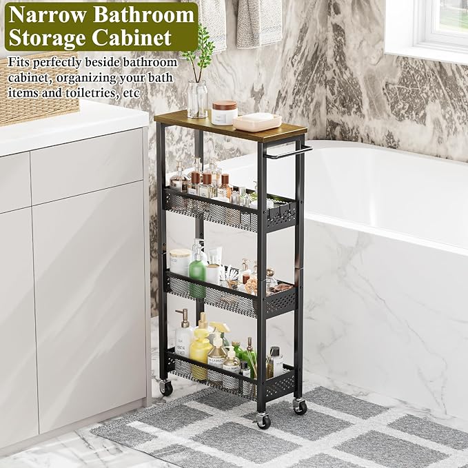Utility Slim Storage Cart, 4 Tier Small Rolling Kitchen Laundry Room Cart with Wood Top, Metal Narrow Bathroom Storage Cabinet Mobile Shelf Unit Organizer Trolley with Handle for Narrow Space
