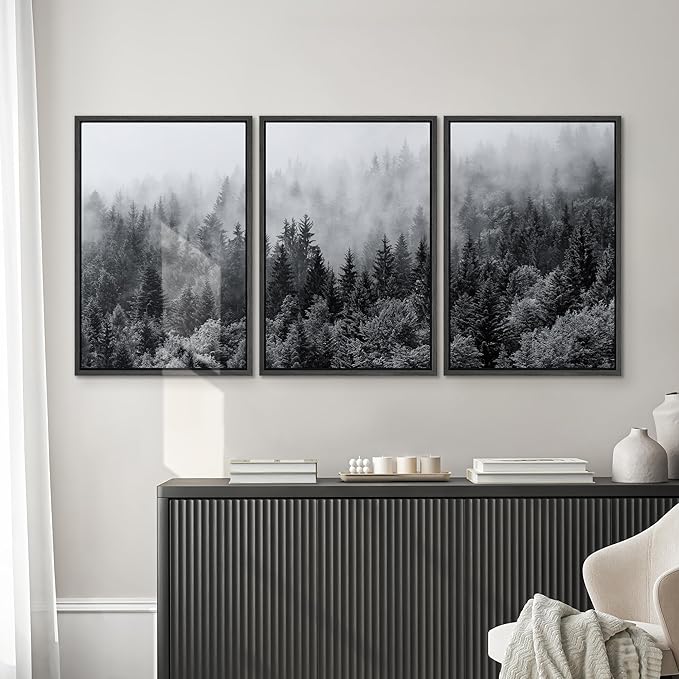 SIGNWIN Framed Canvas Print Wall Art Set Black & White Misty Mountain Forest Nature Wilderness Photography Modern Art Landscape Relax/Calm for Living Room, Bedroom, Office - 16"x24"x3 Black
