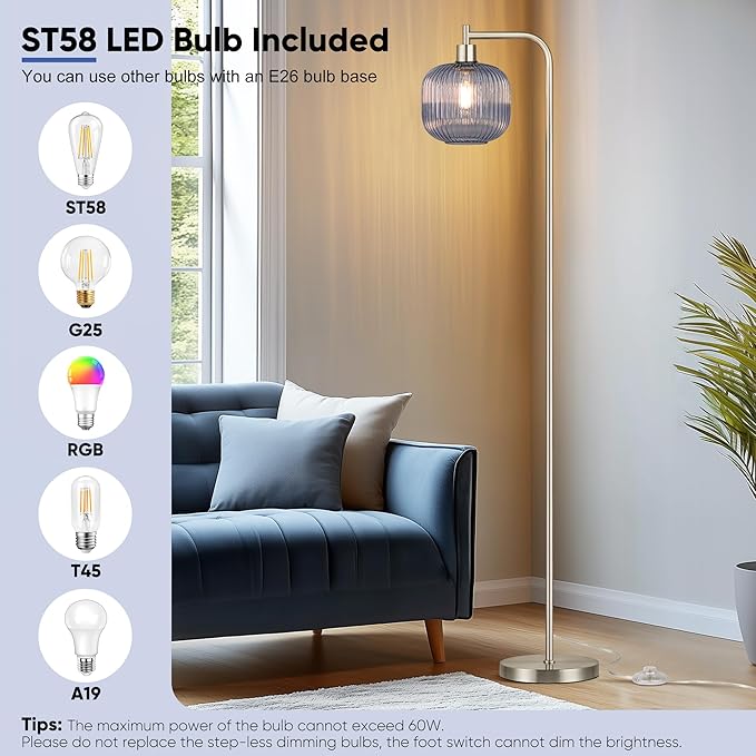 QiMH Glass Floor Lamp for Living Room, 67” Modern Standing Lamp with Blue Ribbed Glass Lampshade Pedal Switch Tall Lamp for Bedroom, Brushed Silver(2700K LED Bulb Included)