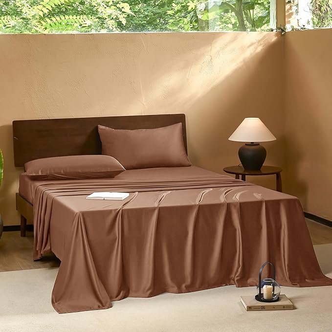 EVERLY King Sheets Set,Luxuriously 400 Thread Count Organic Viscose Derived from Bamboo Bed Sheet,Cooling Sheets for King Size 4 Piece Deep Pockets Bedding Sheets &Pillowcases-Brick Red