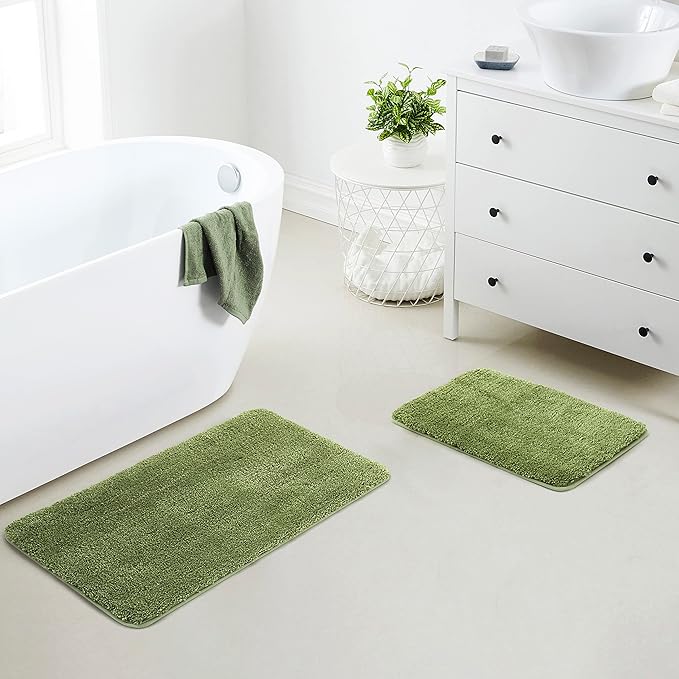 YHF Bathroom Rug Set 2 Piece, Extra Thick & Soft Microfiber Shaggy, Machine Washable Bath Mats, Absorbent Bath Rugs, Non-Slip Rubber Backing Bath Mat for Bathroom Floor, Tub and Shower, Sage Green