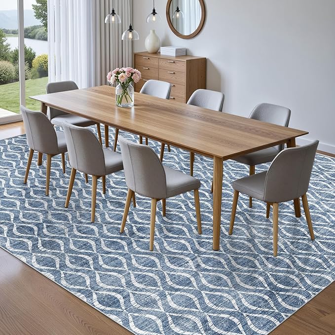 WITSHOCK 12x15 Area Rugs: Washable Non-Slip Soft Geometric Boho Print Pattern Large Thin Indoor Rug for Living Room Bedroom Dining Room, Carpet for Nursery Playroom Decor, Kid & Pet Friendly, Blue