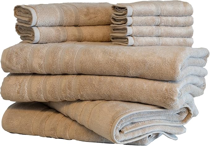 Mosobam Luxury Turkish 10pc XL Deluxe Bath Bundle Body Hand Face Towel and Mat Light Taupe 700 GSM & 1000 GSM Bamboo Viscose & Aegean Turkish Combed Cotton