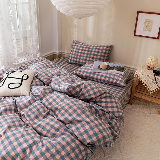 VM VOUGEMARKET 3 Pieces Grid Duvet Cover Set Washed Cotton Pink Purple Blue Plaid Checker Printed Comforter Cover with Zipper Soft Lightweight & Breathable Quilt Cover Set King