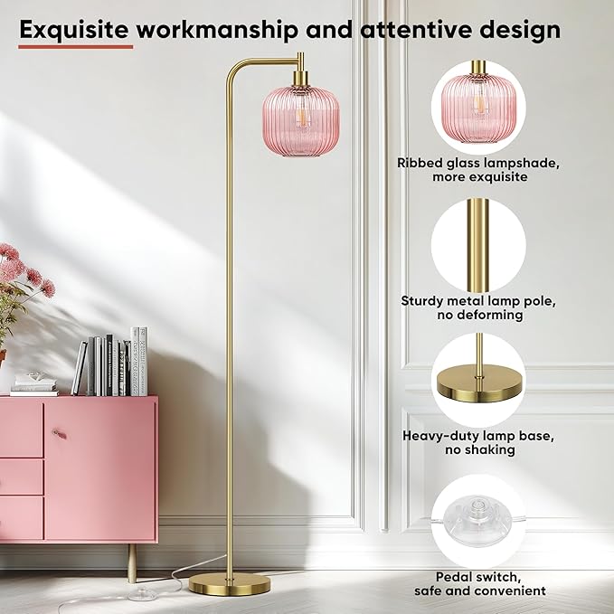 QiMH Glass Floor Lamp for Living Room, 67” Modern Standing Lamp with Pink Ribbed Glass Lampshade Pedal Switch Tall Lamp for Bedroom, Brushed Gold (2700K LED Bulb Included)