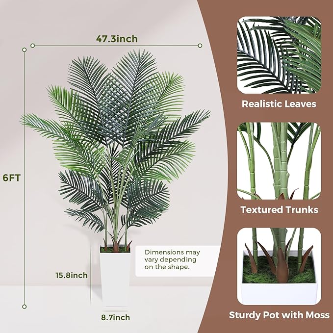 Artificial Areca Palm Tree 6FT Fake Potted Plant Faux Silk Tropical Areca Palm Real Bark Design, Large Artificial Plant in Tall White Pot for Home Living Room House Warming Floor Decor