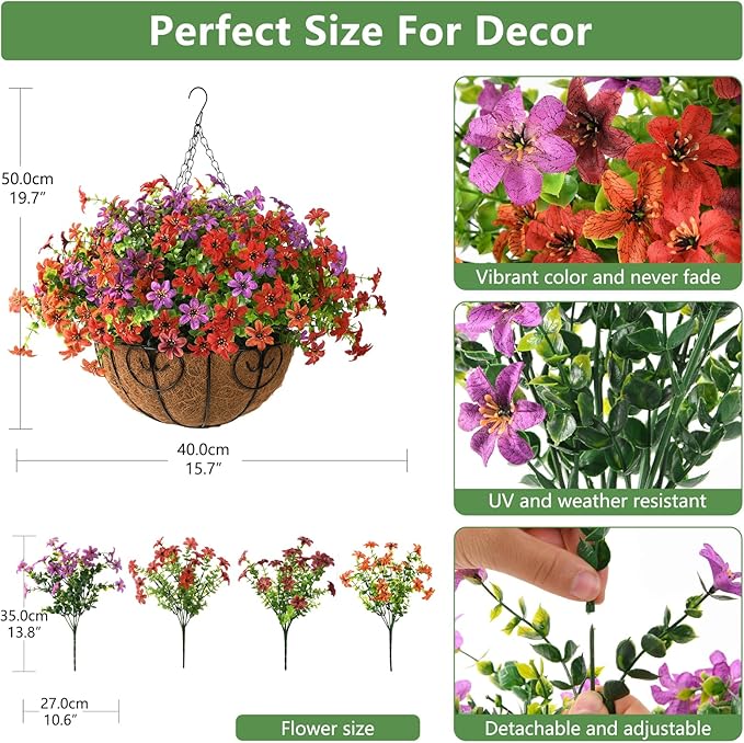 INQCMY Artificial Hanging Flowers Basket for Outdoors - Faux Daisy Silk Flower Realistic, Colorful Fake Plastic Plants UV Resistant Summer Decor for Garden Front Porch Patio Balcony Yard