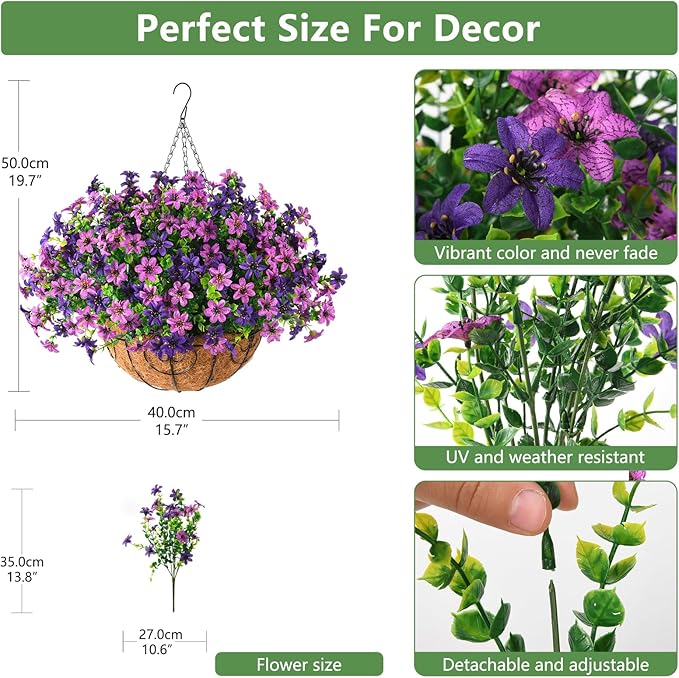 INQCMY Artificial Faux Hanging Flowers Plants Basket for Outdoor Spring Decoration,Fake Silk Colorful Daisy in Planter UV Resistant Realistic for Outside Home Porch Patio Yard Balcony Decor