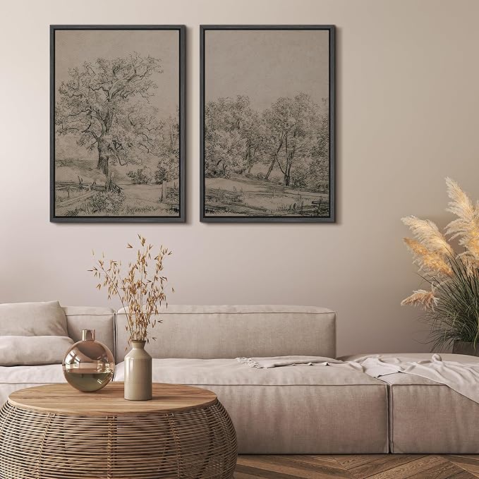 MUDECOR Framed Canvas Print Wall Art Ancient Tree and Country Road Sketch Classic Landscape Pencil Nature Wilderness Illustrations Decorative for Living Room, Bedroom, Office - 16"x24"x2 Black