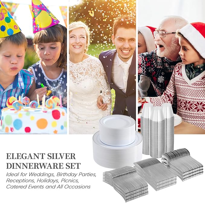 FOCUSLINE 600 Ct Silver Dinnerware Set for 100 Guests - Silver Rimmed White Disposable Plastic Plates, Includes 100 Dinner & Salad Plates, Cups, Cutlery Set for Wedding Parties