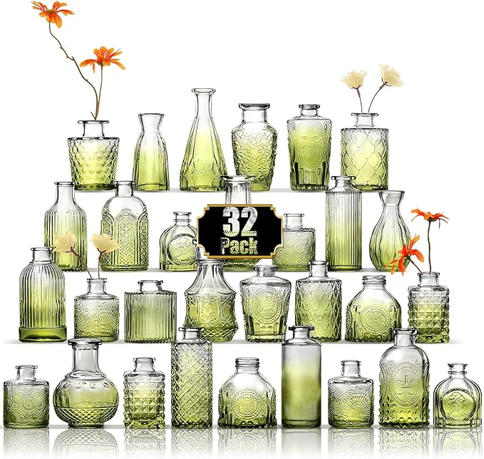 Arme Bud Vase Set of 32, Green Vases Glass Bud Vases in Bulk, Small Vases for Centerpieces Mini Flower Vase Set Cute Vintage Glass Vase Set for Flower Wedding Home Centerpiece Table Decorations