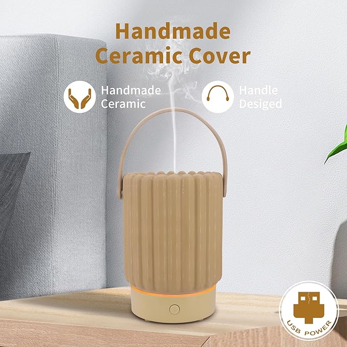 Essential Oil Diffuser - Multifunction Aromatherapy Diffuser 7 LED Color Changing Light 100ML Ceramic Diffuser Easy to Clean Suitable for Home,Office(Beige)