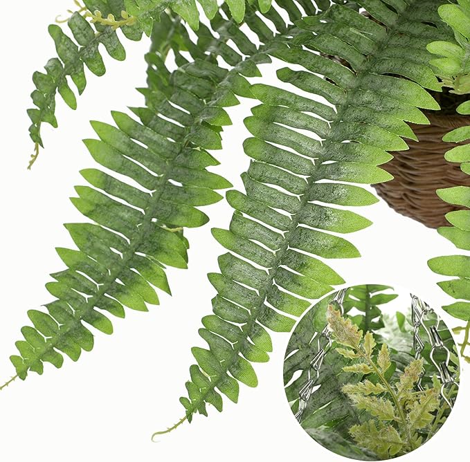 Hollyone 33" Artificial Boston Fern Hanging Basket Large 39 Leaves Fake Ferns in Rattan Pot Greenery Plants for Outdoors & Indoor Faux Fern Bush Basket Plant Patio Garden Home Decor Dusty Green