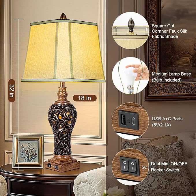 32'' Tall Rustic Vintage Table Lamps Set of 2 with Night Lights - Bedside Lamp with Faux Silk Shades for Bedroom and Living Room with 2 USB Charging Ports,Rustic Lamps for Living Room(Bulb Included)