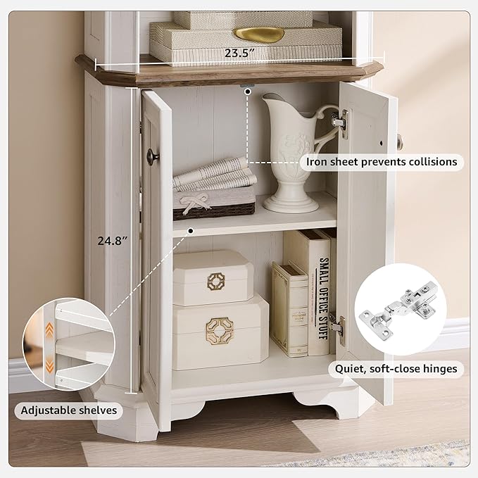 OKD 6-Tier Bookcase with Doors, 72" Tall Farmhouse Bookshelf with Storage & Adjustable Shelves, Wooden Floor Standing Display Book Shelf Organizer for Home Office,Antique White