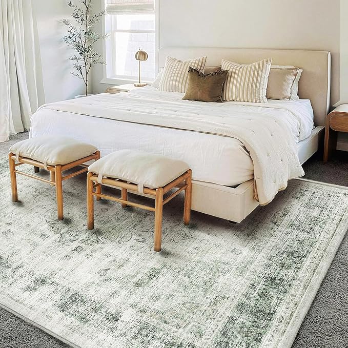 Washable Area Rug 9'x12' Retro Floral Green Boho Design Non-Shedding Easy Care Ideal for High Traffic Areas in Living Room Bedroom Office Coffee Table Kitchen Large Carpet