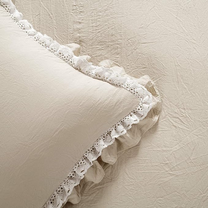 Lush Decor Ella Ruffle Lace Comforter, 3 Piece Set, Full/Queen, Neutral - Cute Comforter - Queen Bedding Set - Beige Bedding Full Size - Coquette Decor - Beige Lace Trim - Ruffle Trim