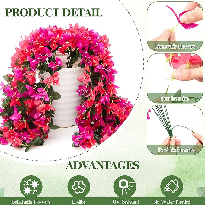 4 Pcs Artificial Faux Bougainvillea Flowers Plants Hanging Flowers Plants for Outdoor Decoration Fake Silk UV Resistant Long Trailing Vines for Front Door Porch Planter Balcony (Purple and Red)