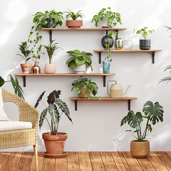 DINZI LVJ Long Wall Shelves, 23.6 Inch Wall Mounted Shelves Set of 2, Easy-to-Install, Wall Storage Ledges with Sturdy Metal Brackets for Living Room, Bathroom, Bedroom, Kitchen, Rustic Brown