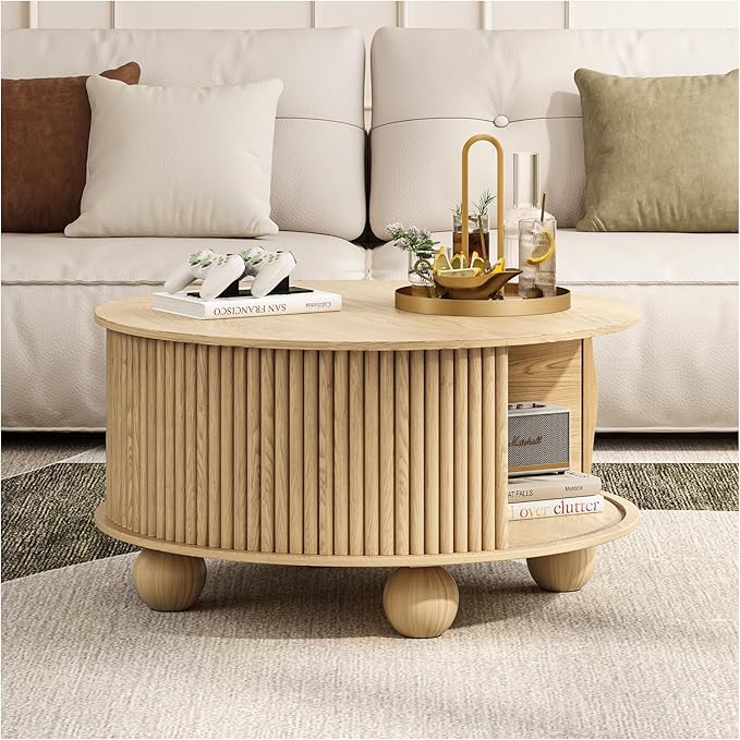 Round Coffee Table with Storage,31.5" Mid Century Modern Coffee Table with Bun Feet,Fluted Center Table for Living Room,Home Small Space,Oak