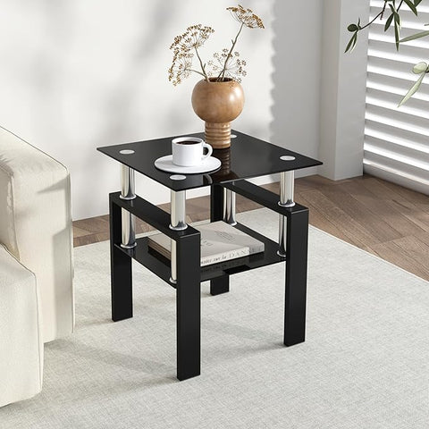 IANIYA Modern Glass End Table, 2-Tier Side Table with Tempered Glass Top & Metal Legs, Night Stand Corner Table for Living Room, Bedroom, All Black