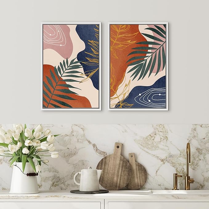 SIGNFORD Framed Canvas Print Wall Art Set Retro Mid-Century Geometric Forest Plants Abstract Shapes Illustrations Modern Art Decorative Bohemian for Living Room, Bedroom, Office - 16"x24"x2 White