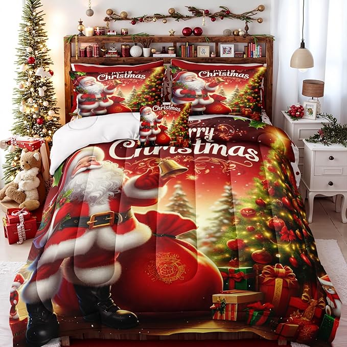 Bedorm Red Christmas Bedding Comforter Santa Claus Comforter Set Green Red Christmas Tree Holiday Decor Boys Girls Cute Xmas Quilt Comforter Set Queen Size