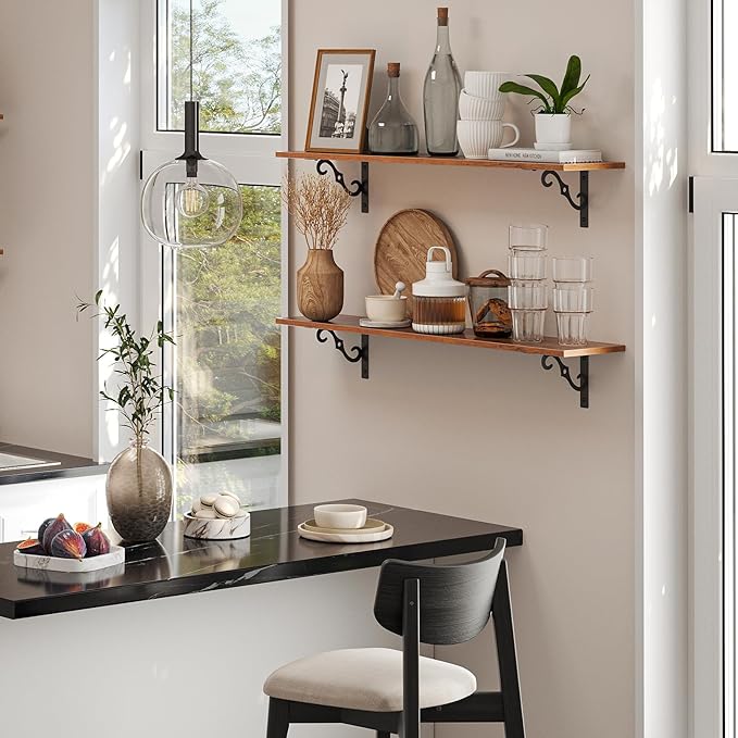 DINZI LVJ Long Wall Shelves, 31.5 Inch Large Floating Shelves Set of 2, Wide Display Shelf Wall Mounted with Brackets, Easy Hanging for Living Room, Toilet, Office, Bedroom, Rustic Brown