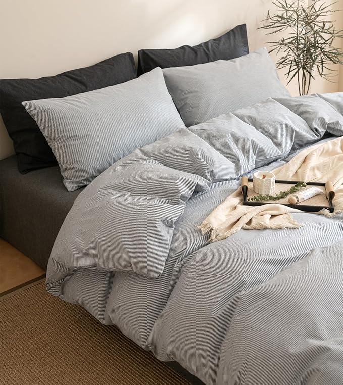 VM VOUGEMARKET Pinstriped Duvet Cover Set Queen 100% Washed Cotton Bedding Set,Grey Ticking Stripes Pattern Duvet Cover with Zipper Closure (3pcs, Horizontal Stripes)
